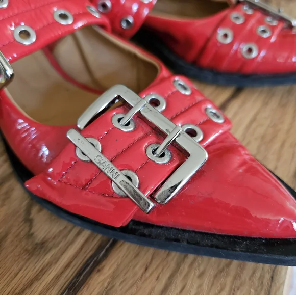 Ganni Chunky Buckle Ballerina Racing Red Slingback Flats / Sandals - Picture 9 of 13